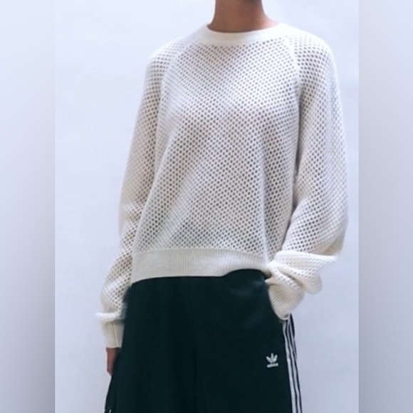 White & Warren Cashmere Open-Knit Cream Sweater Sweathirt